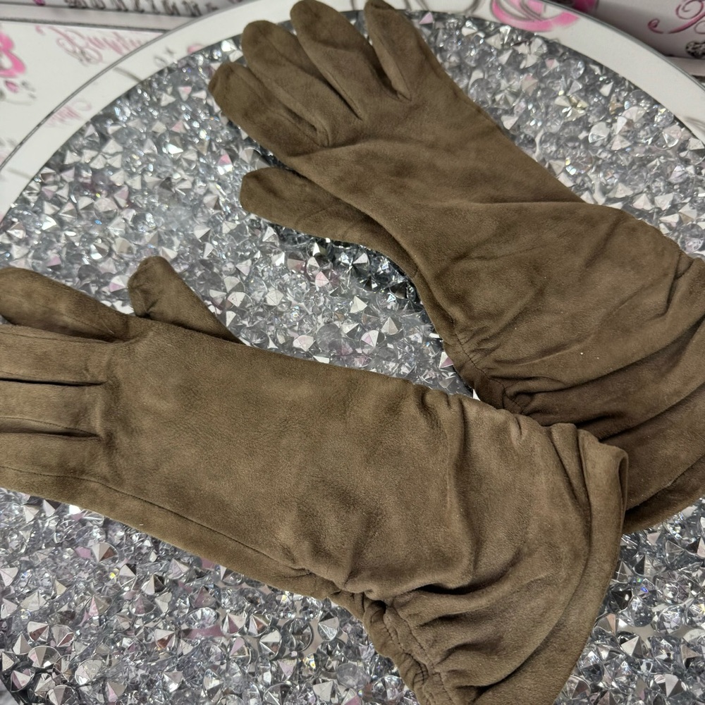 Holt renfrew gloves mittens taupe brown grey nude leather silk cinched sides 7 - Picture 13 of 16